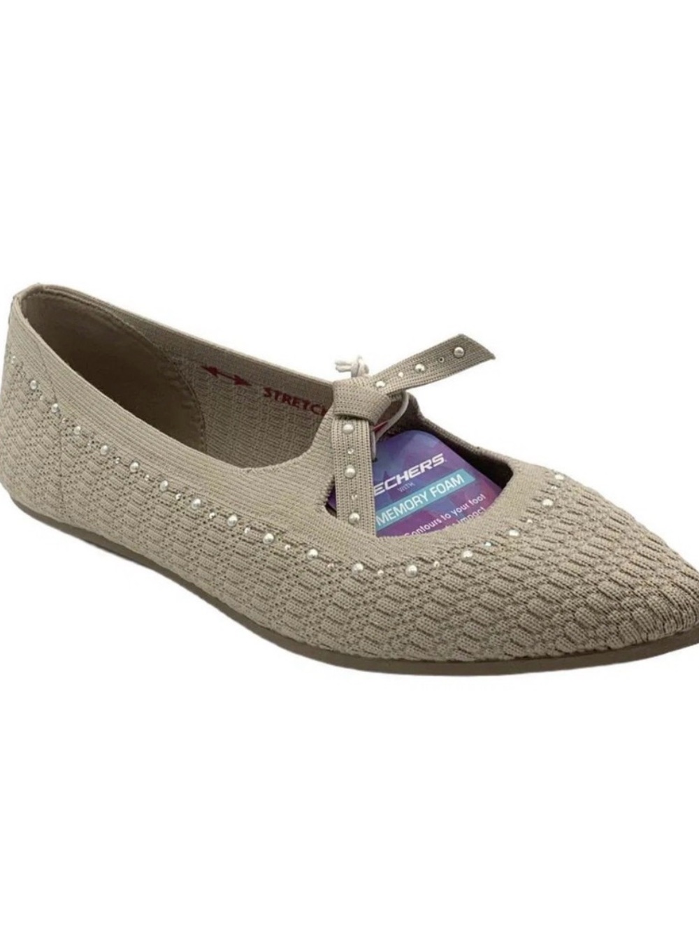 NWT Skechers Cleo Point Beige Knit Memory Foam Mary Jane Ballet Flat